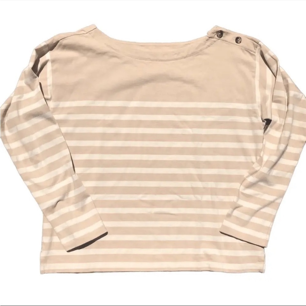 J Crew Tan & Cream Striped Long Sleeve Cotton Crewneck